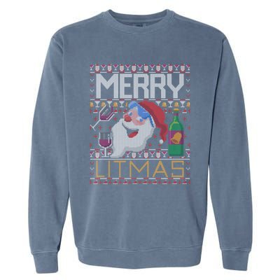 Merry Litmas Lit Santa Claus Wine Ugly Christmas Sweater Cute Gift Garment-Dyed Sweatshirt