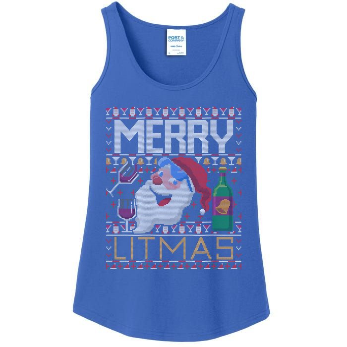 Merry Litmas Lit Santa Claus Wine Ugly Christmas Sweater Cute Gift Ladies Essential Tank