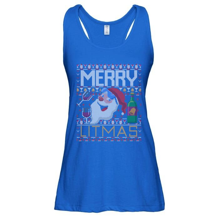 Merry Litmas Lit Santa Claus Wine Ugly Christmas Sweater Cute Gift Ladies Essential Flowy Tank