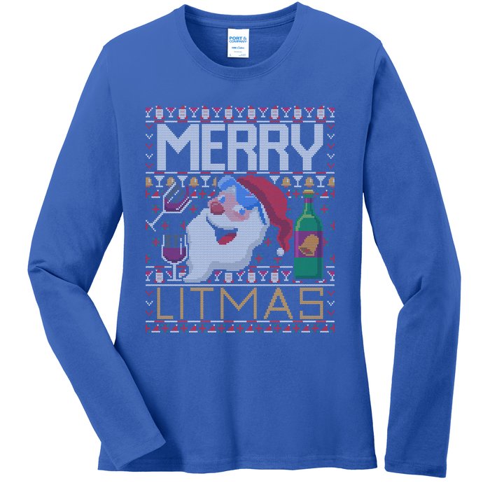 Merry Litmas Lit Santa Claus Wine Ugly Christmas Sweater Cute Gift Ladies Long Sleeve Shirt