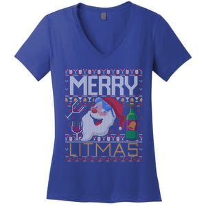 Merry Litmas Lit Santa Claus Wine Ugly Christmas Sweater Cute Gift Women's V-Neck T-Shirt