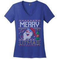 Merry Litmas Lit Santa Claus Wine Ugly Christmas Sweater Cute Gift Women's V-Neck T-Shirt