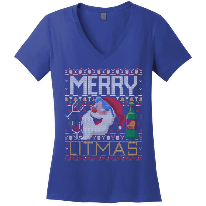 Merry Litmas Lit Santa Claus Wine Ugly Christmas Sweater Cute Gift Women's V-Neck T-Shirt