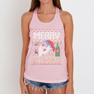 Merry Litmas Lit Santa Claus Wine Ugly Christmas Sweater Cute Gift Women's Knotted Racerback Tank