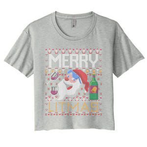 Merry Litmas Lit Santa Claus Wine Ugly Christmas Sweater Cute Gift Women's Crop Top Tee