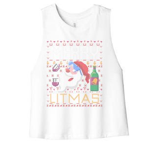 Merry Litmas Lit Santa Claus Wine Ugly Christmas Sweater Cute Gift Women's Racerback Cropped Tank