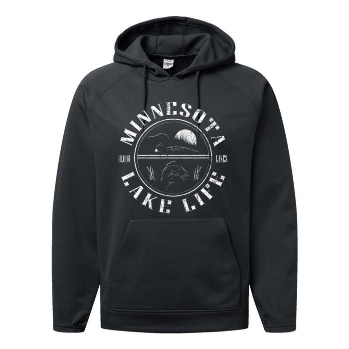 Minnesota Lake Life With Loon Walleye And Sunset Performance Fleece Hoodie