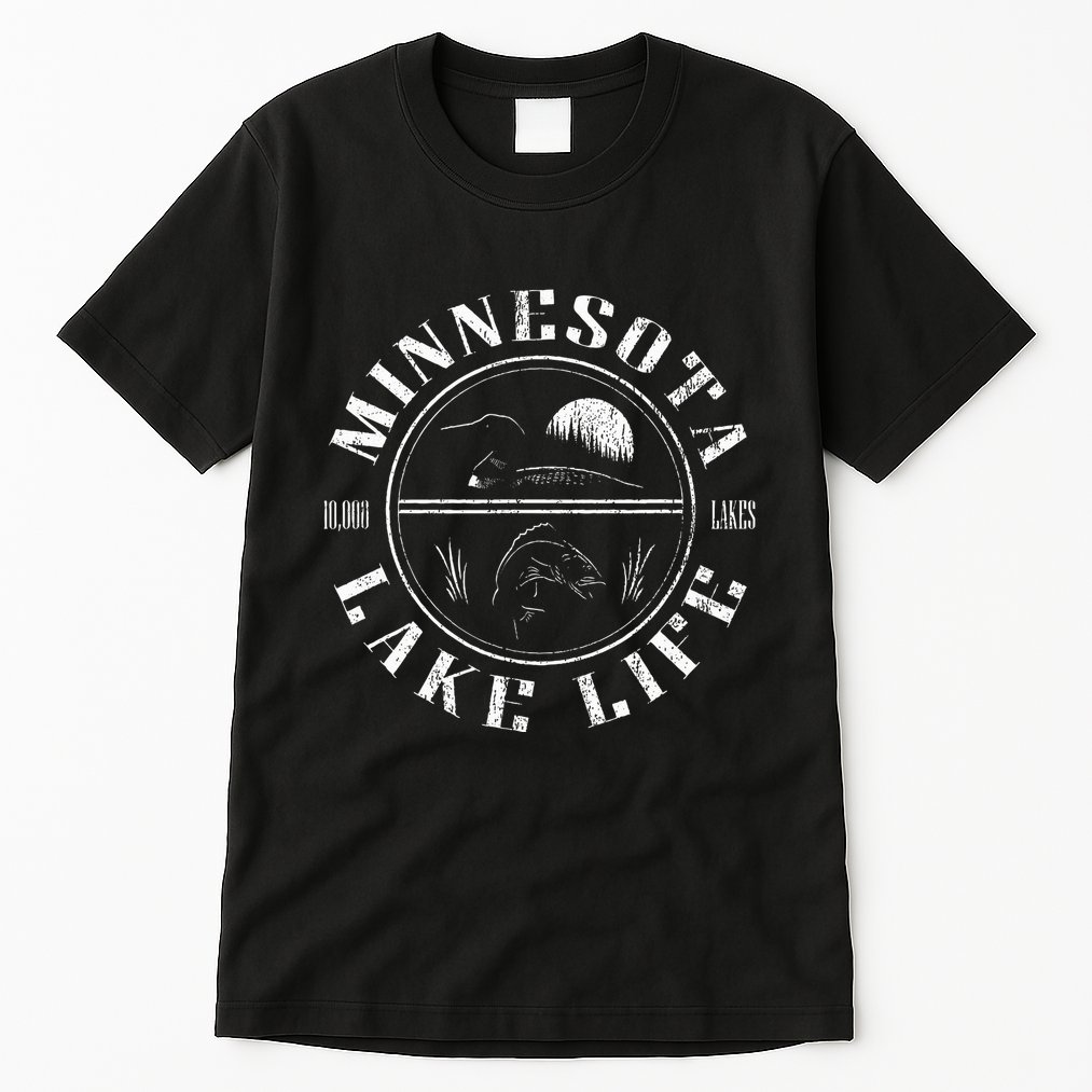 Minnesota Lake Life With Loon Walleye And Sunset Tall T-Shirt