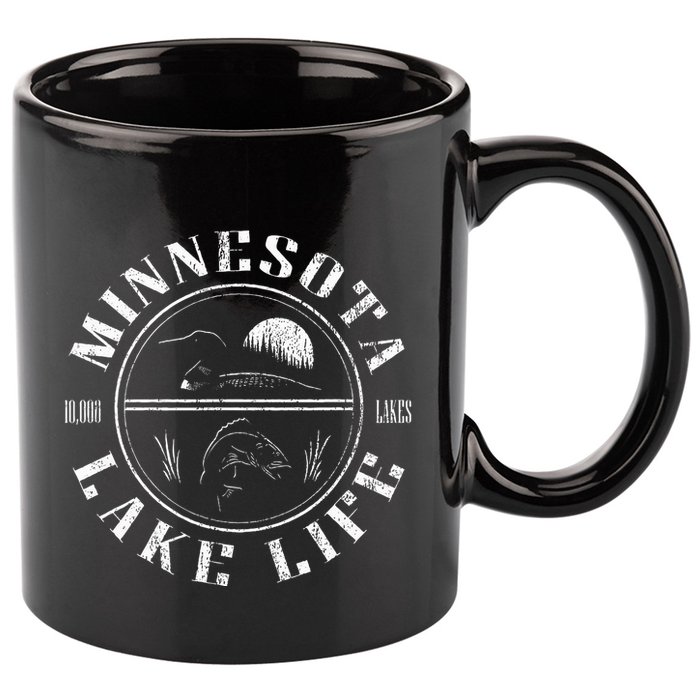 Minnesota Lake Life With Loon Walleye And Sunset 11oz C Handle Ceramic Mug