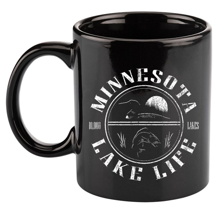 Minnesota Lake Life With Loon Walleye And Sunset 11oz C Handle Ceramic Mug