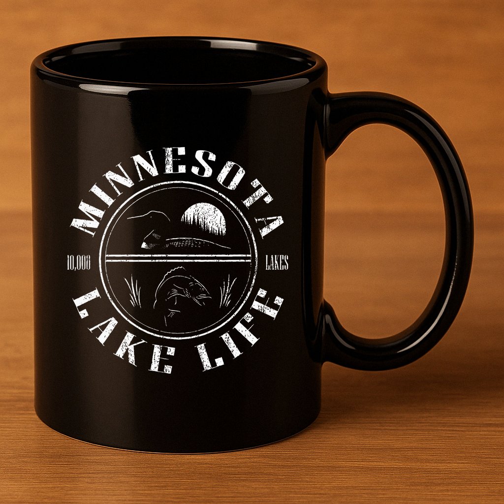 Minnesota Lake Life With Loon Walleye And Sunset 11oz C Handle Ceramic Mug