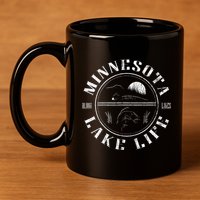 Minnesota Lake Life With Loon Walleye And Sunset 11oz C Handle Ceramic Mug