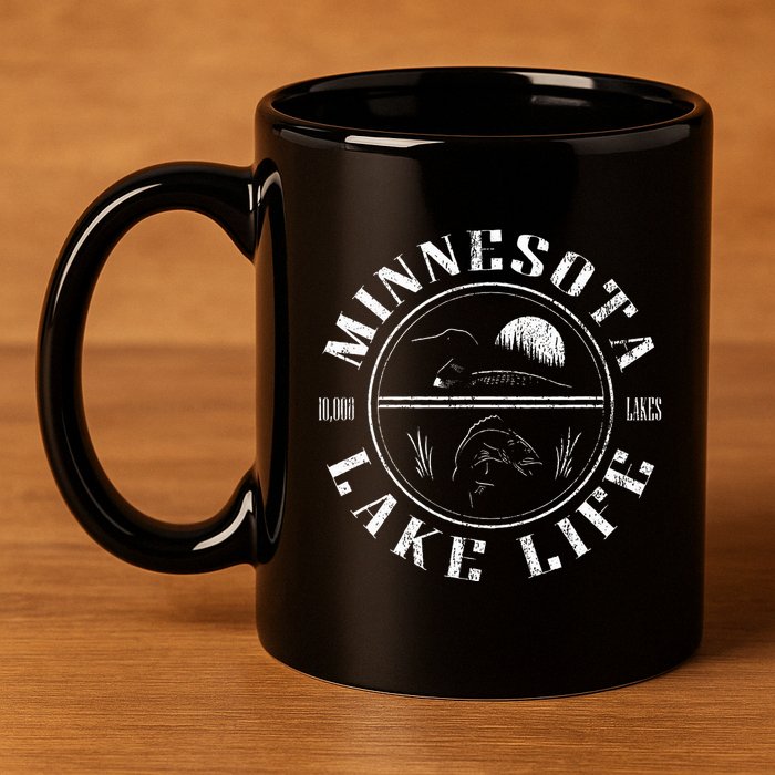 Minnesota Lake Life With Loon Walleye And Sunset 11oz C Handle Ceramic Mug