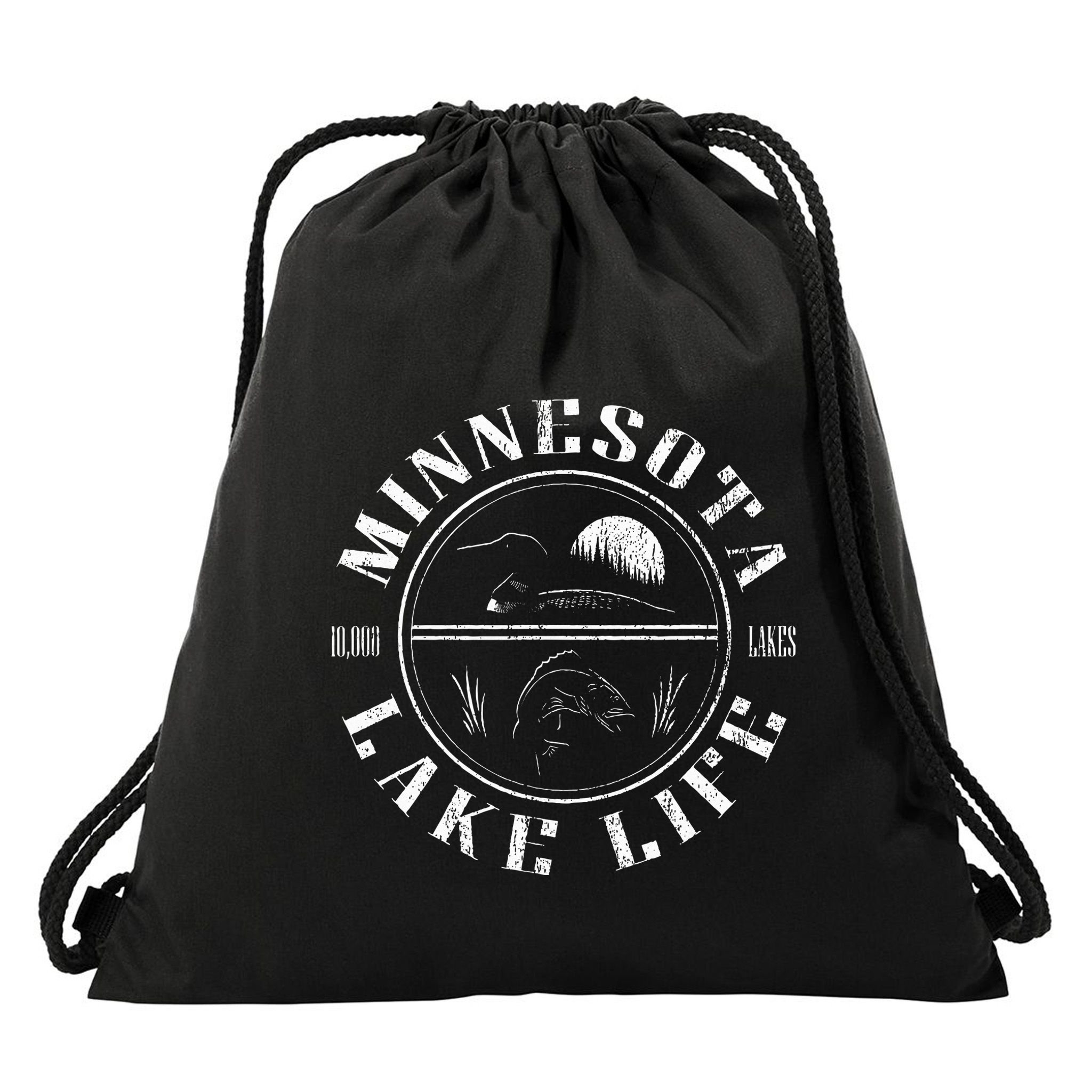 Minnesota Lake Life With Loon Walleye And Sunset Drawstring Bag