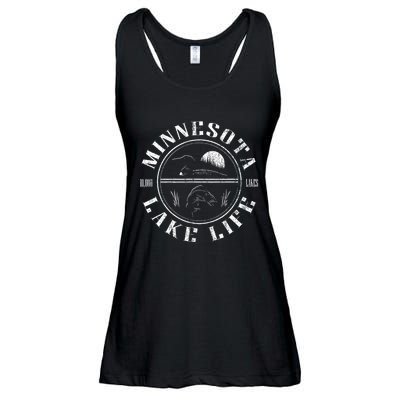 Minnesota Lake Life With Loon Walleye And Sunset Ladies Essential Flowy Tank