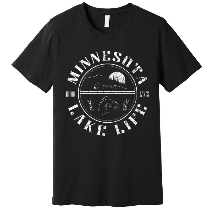 Minnesota Lake Life With Loon Walleye And Sunset Premium T-Shirt