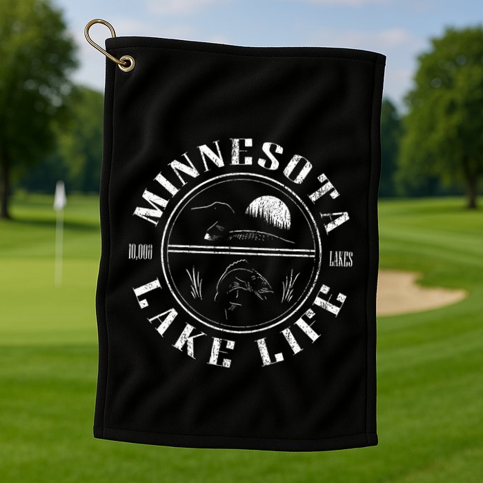 Minnesota Lake Life With Loon Walleye And Sunset Golf Towel