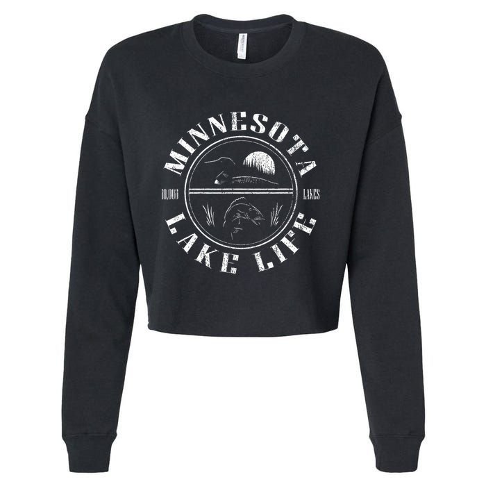 Minnesota Lake Life With Loon Walleye And Sunset Cropped Pullover Crew