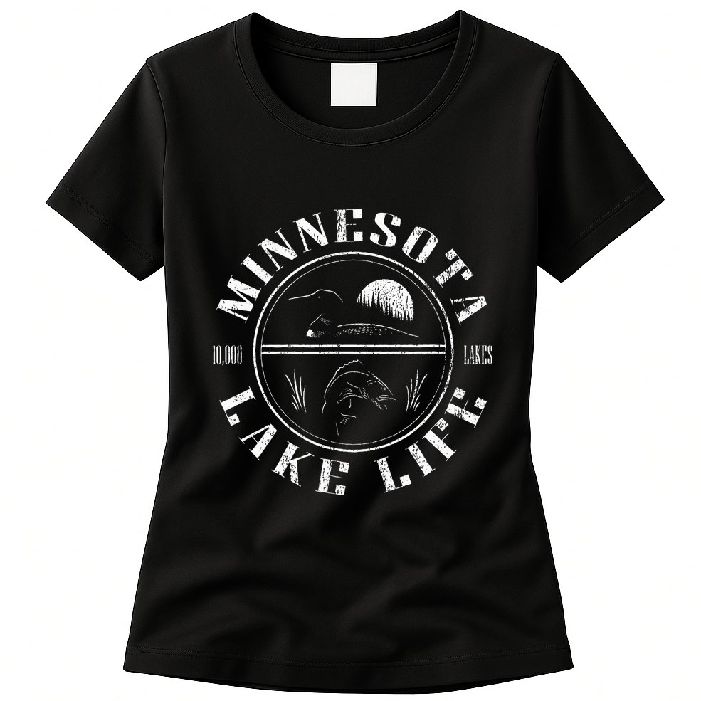 Minnesota Lake Life With Loon Walleye And Sunset Womens T-Shirt