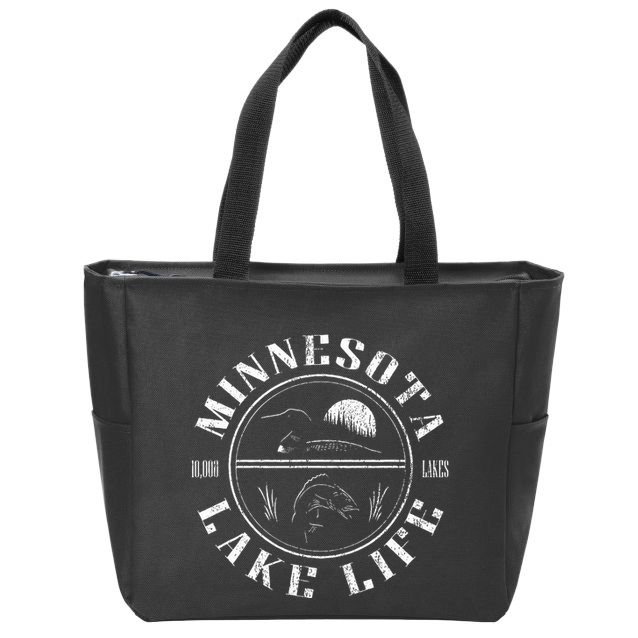 Minnesota Lake Life With Loon Walleye And Sunset Zip Tote Bag