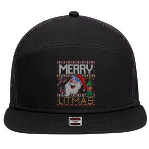 Merry Litmas Lit Santa Claus Wine Ugly Christmas Sweater Gift 7 Panel Mesh Trucker Snapback Hat