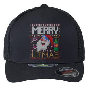 Merry Litmas Lit Santa Claus Wine Ugly Christmas Sweater Gift Flexfit Unipanel Trucker Cap