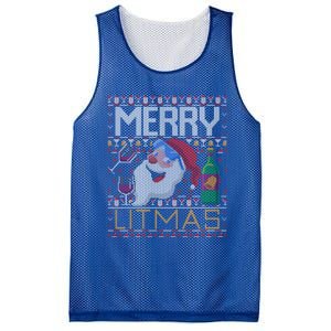 Merry Litmas Lit Santa Claus Wine Ugly Christmas Sweater Gift Mesh Reversible Basketball Jersey Tank