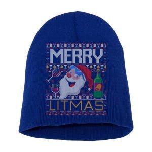 Merry Litmas Lit Santa Claus Wine Ugly Christmas Sweater Gift Short Acrylic Beanie