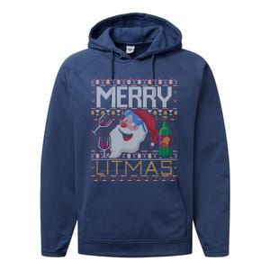 Merry Litmas Lit Santa Claus Wine Ugly Christmas Sweater Gift Performance Fleece Hoodie