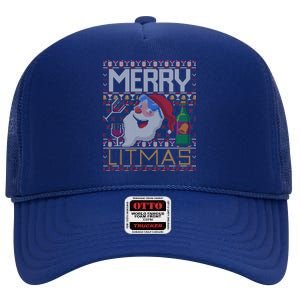 Merry Litmas Lit Santa Claus Wine Ugly Christmas Sweater Gift High Crown Mesh Back Trucker Hat