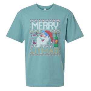 Merry Litmas Lit Santa Claus Wine Ugly Christmas Sweater Gift Sueded Cloud Jersey T-Shirt