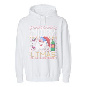 Merry Litmas Lit Santa Claus Wine Ugly Christmas Sweater Gift Garment-Dyed Fleece Hoodie