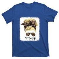 Mom Life Leopard Blank Messy Bun Blonde Hair Funny Gift T-Shirt