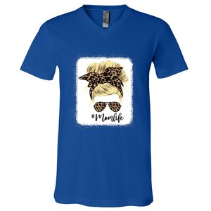 Mom Life Leopard Blank Messy Bun Blonde Hair Funny Gift V-Neck T-Shirt