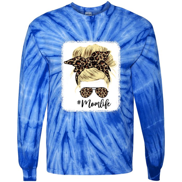 Mom Life Leopard Blank Messy Bun Blonde Hair Funny Gift Tie-Dye Long Sleeve Shirt