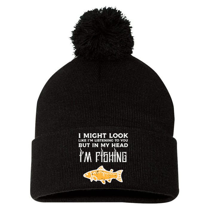 Might Look Like Listening Fishing Funny Angler Pom Pom 12in Knit Beanie