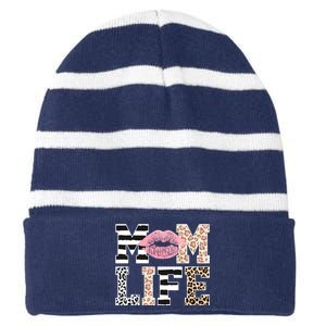 Mom Life Leopard Lips Striped Beanie with Solid Band