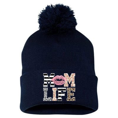 Mom Life Leopard Lips Pom Pom 12in Knit Beanie