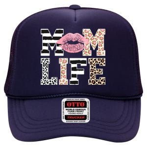 Mom Life Leopard Lips High Crown Mesh Back Trucker Hat