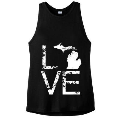 Michigan Love Mi State Home Pride Map Distressed Ladies PosiCharge Tri-Blend Wicking Tank
