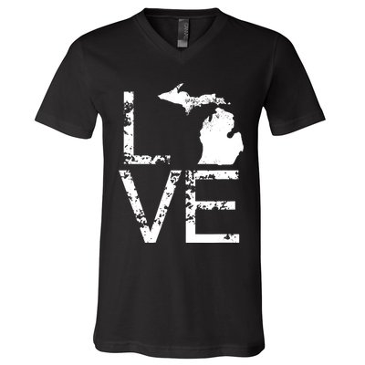 Michigan Love Mi State Home Pride Map Distressed V-Neck T-Shirt