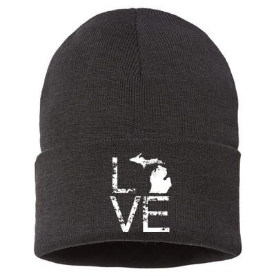 Michigan Love Mi State Home Pride Map Distressed Sustainable Knit Beanie