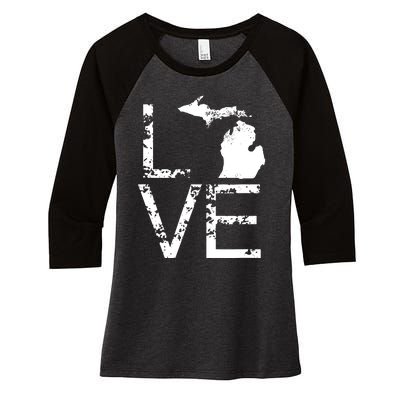 Michigan Love Mi State Home Pride Map Distressed Women's Tri-Blend 3/4-Sleeve Raglan Shirt