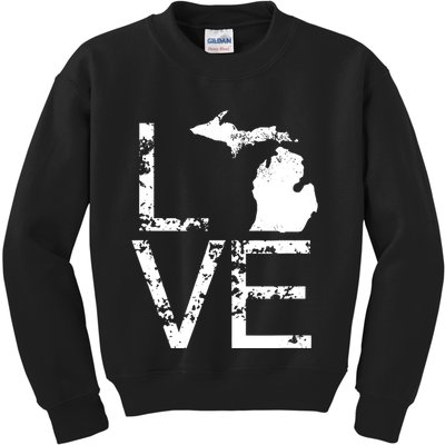 Michigan Love Mi State Home Pride Map Distressed Kids Sweatshirt