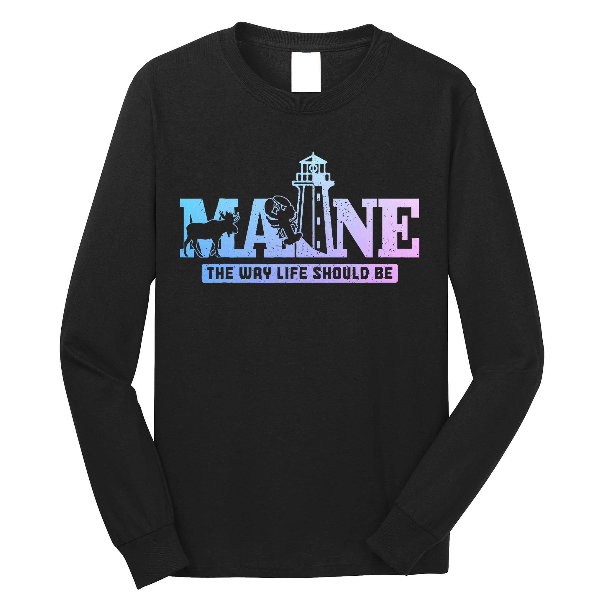 Maine Lighthouse Moose Lobster Pride Vintage Souvenir Long Sleeve Shirt
