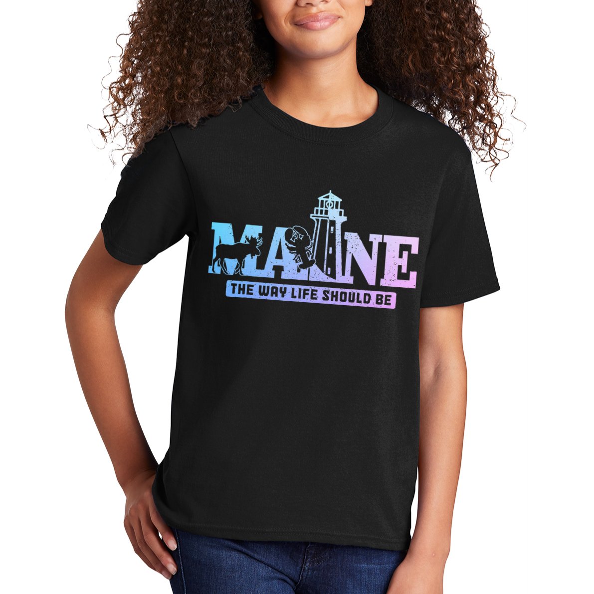 Maine Lighthouse Moose Lobster Pride Vintage Souvenir Kids T-Shirt