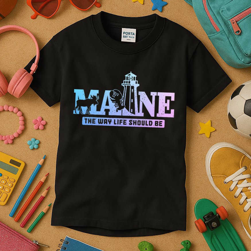 Maine Lighthouse Moose Lobster Pride Vintage Souvenir Kids T-Shirt