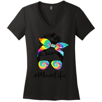 Mom Life Messy Hair Bun Tie Dye  Mother'S Day Funny Women's V-Neck T-Shirt