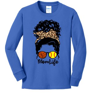 Mom Life Messy Bun Curly Hair Softball Basketball Player Mom Cool Gift Kids Long Sleeve Shirt