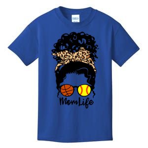 Mom Life Messy Bun Curly Hair Softball Basketball Player Mom Cool Gift Kids T-Shirt